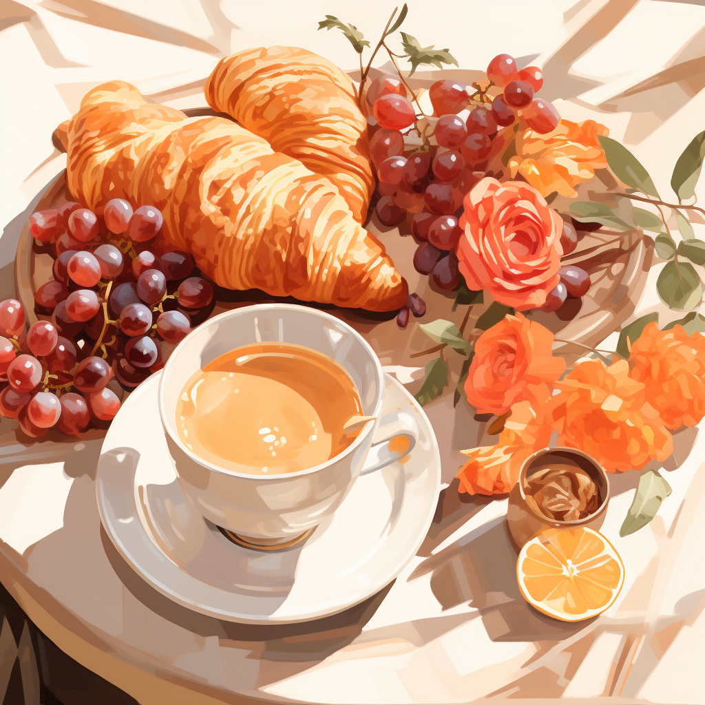 Table with coffee, fruits, croissants and water glass