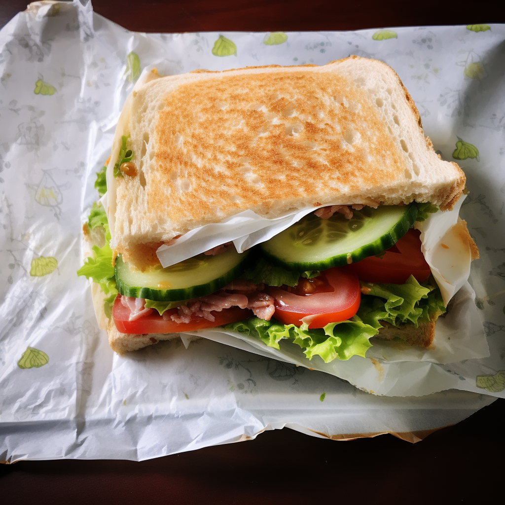 Tasty flattened sandwich wrapped in napkin