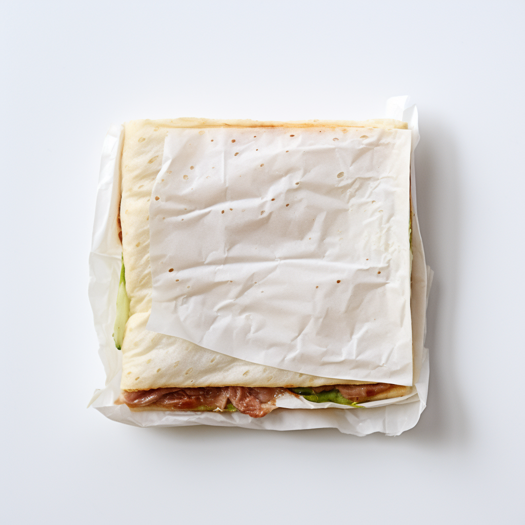 Flattened sandwich wrapped in napkin