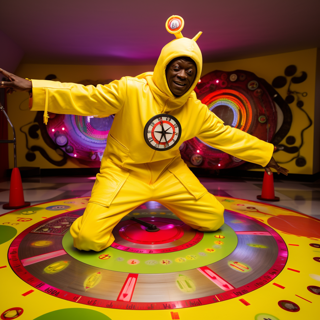 Flavor Flav in Teletubbies Suit with Sundial Necklace