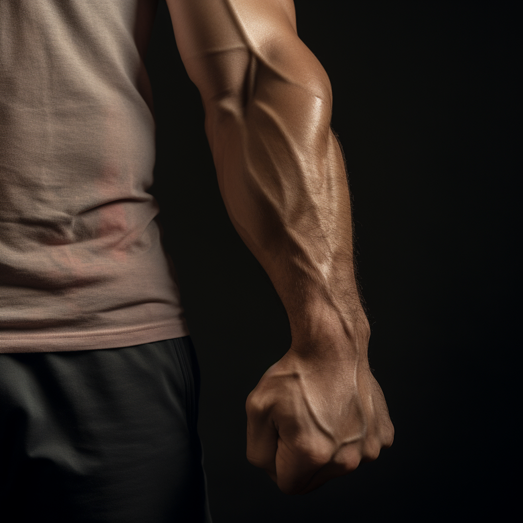 Young man flexing arm in bodybuilder pose