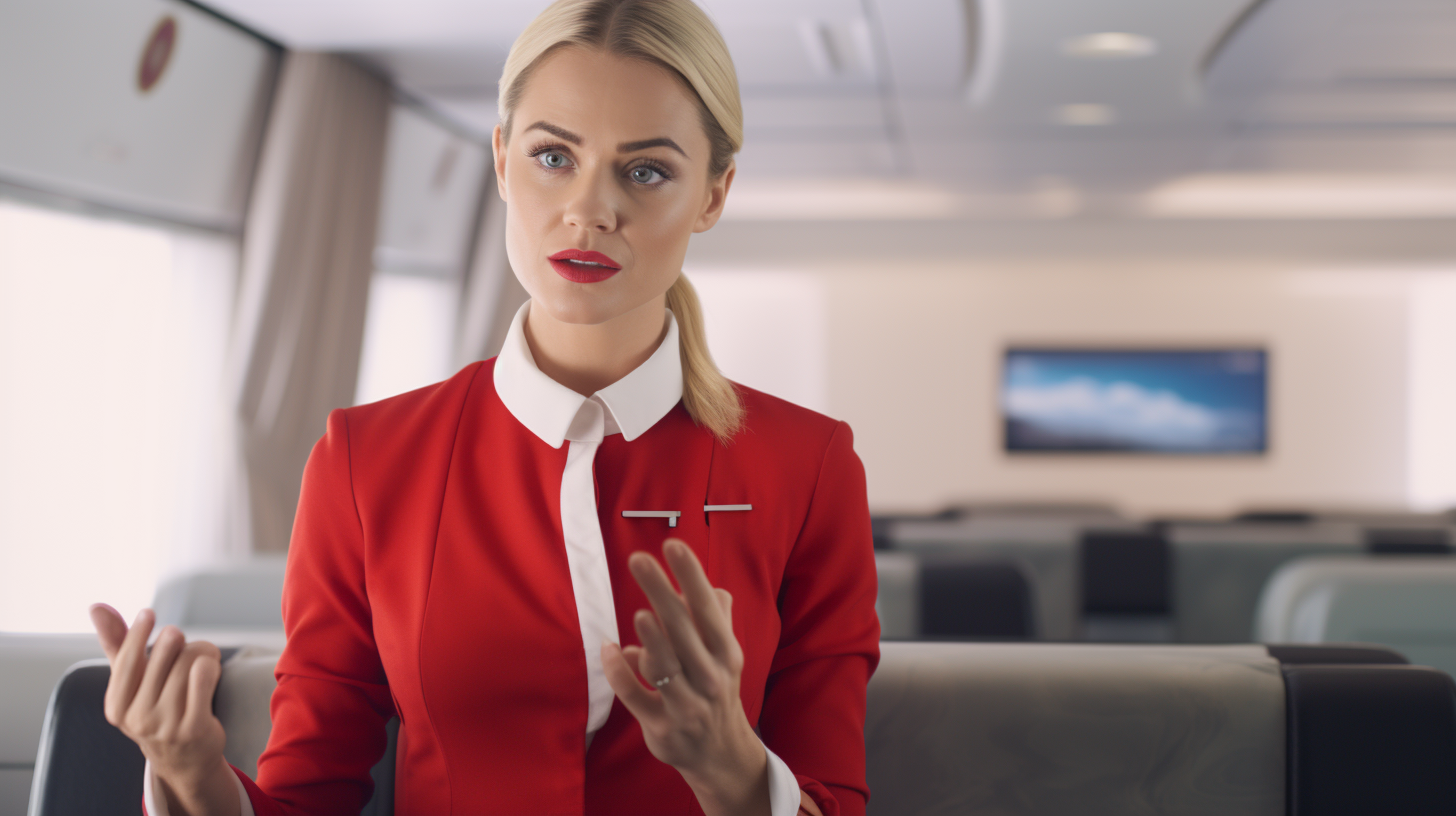 Flight attendant explaining in vlog with serious expression