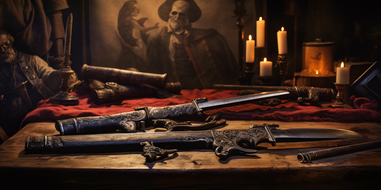 Flintlock pistols and swords on wooden table