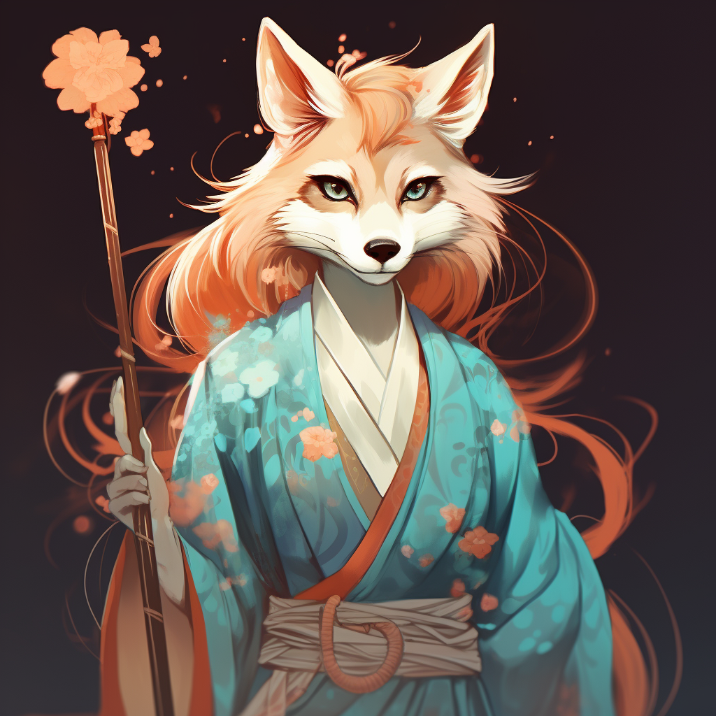 Flirty kitsune mage with aqua fox fur