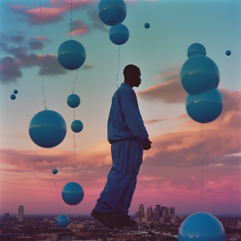 Black man floating above ground in blue track suit at sunset