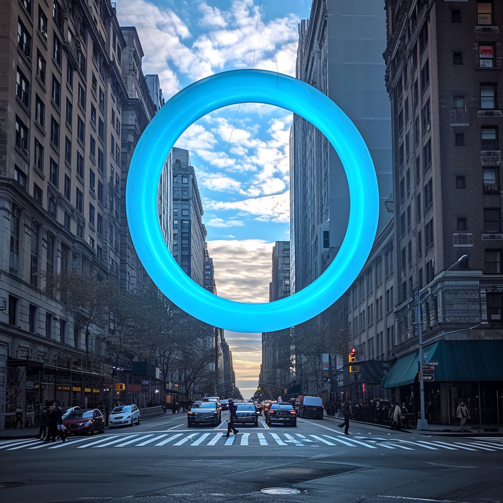 Floating blue circle on New York street