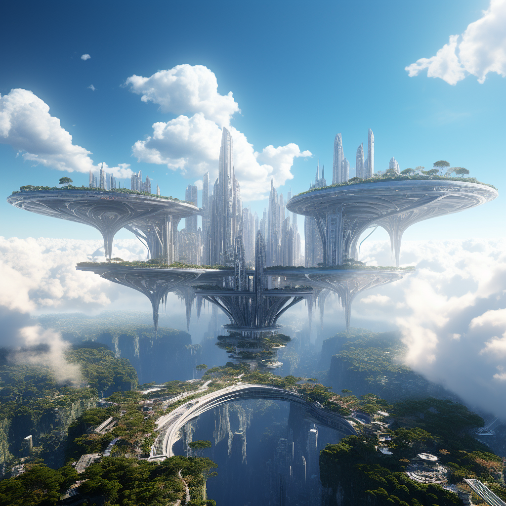 Aerial view of floating city above ocean clouds