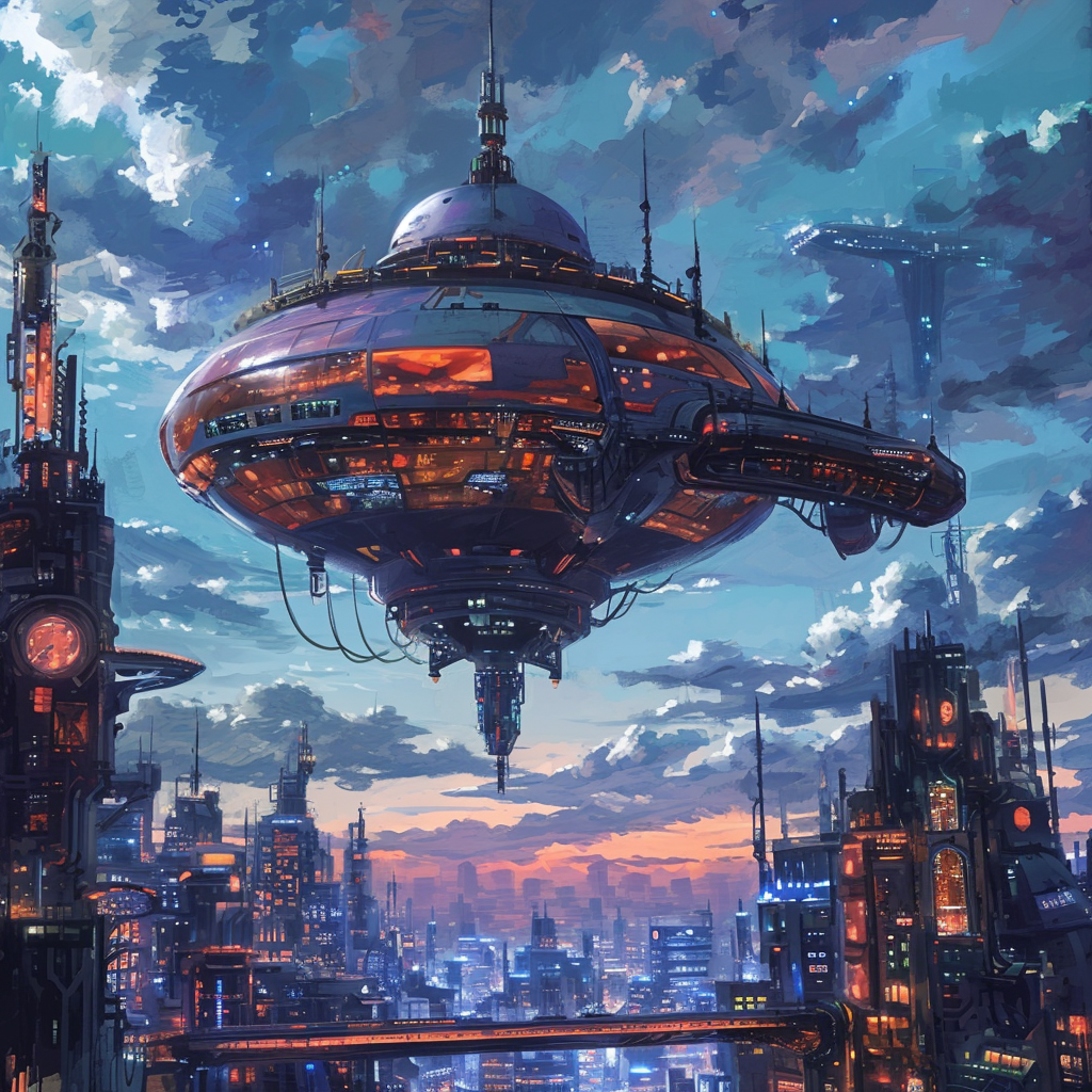 Colorful floating city spaceship in anime style