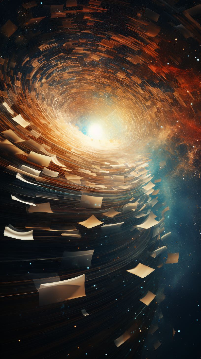 Floating documents in space swirling around blackhole