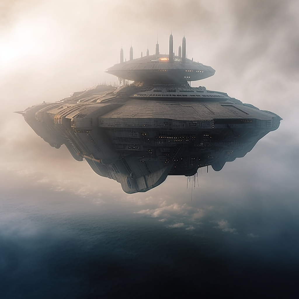 Foggy gray enemy ship floating in the air