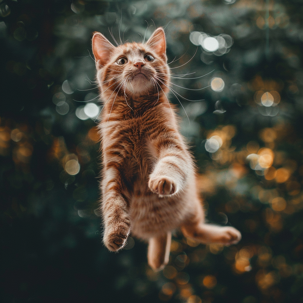 Ginger cat floating in air