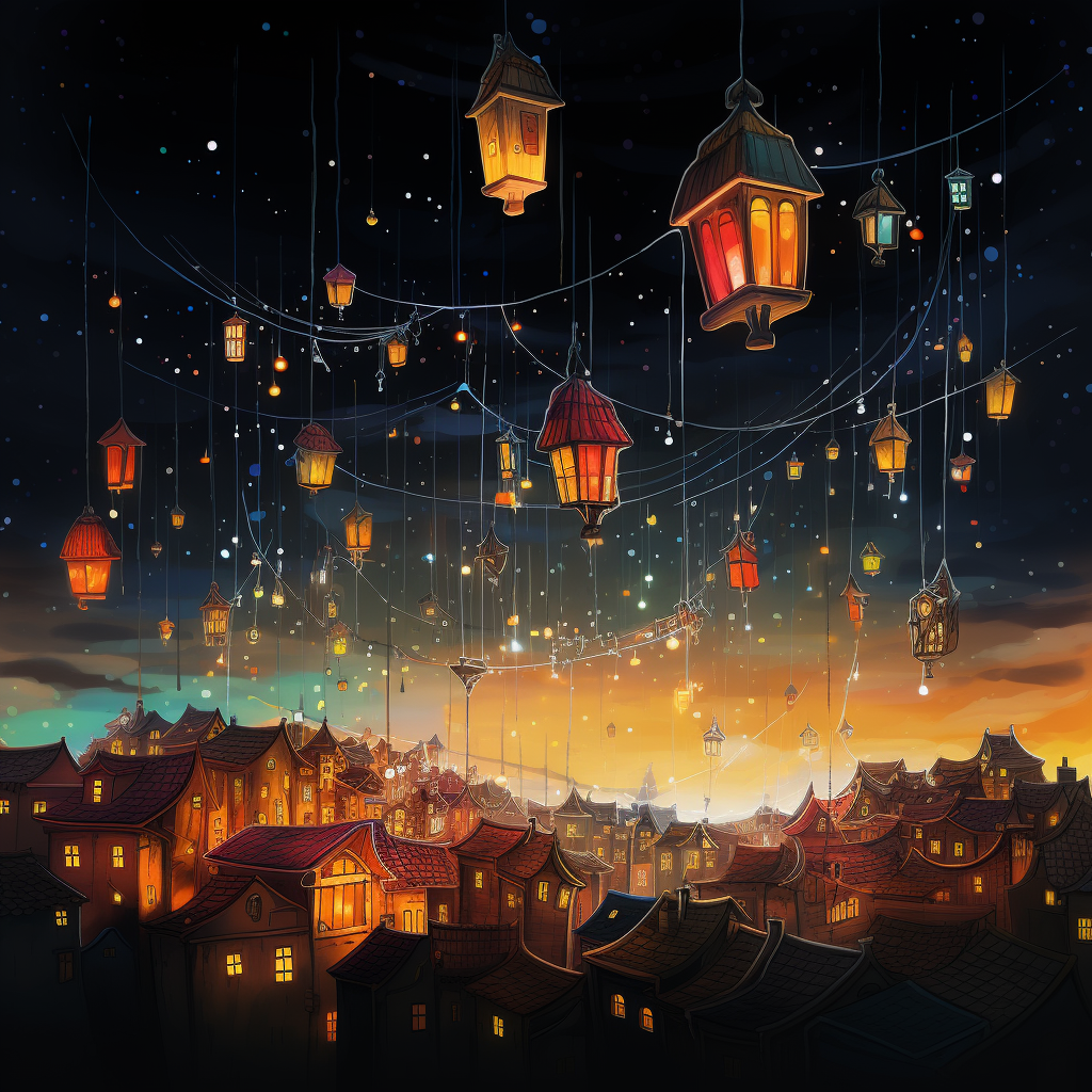 Colorful floating city lights illustration