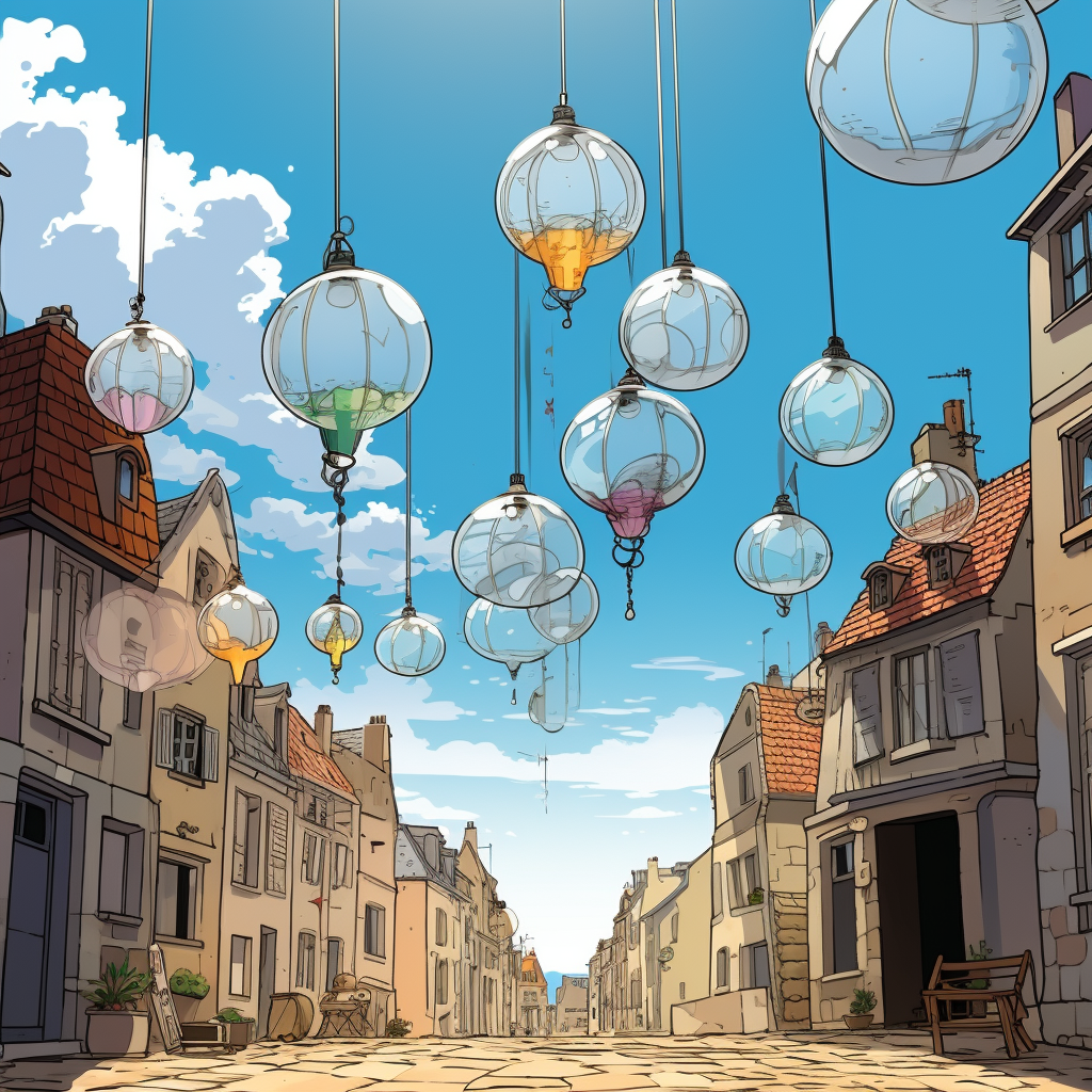 Floating globes in French comic style