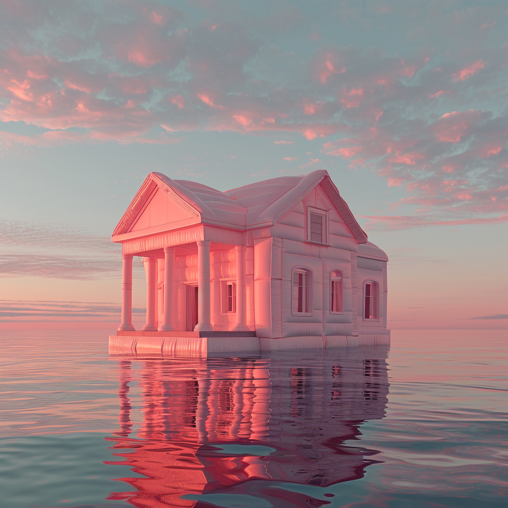 Surreal pink inflatable house floating on water