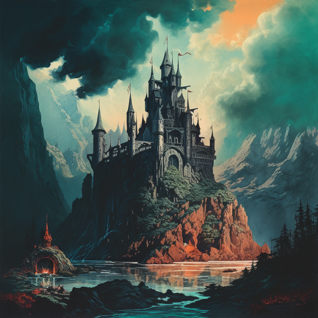 1970s dark fantasy book cover with floating island and castle