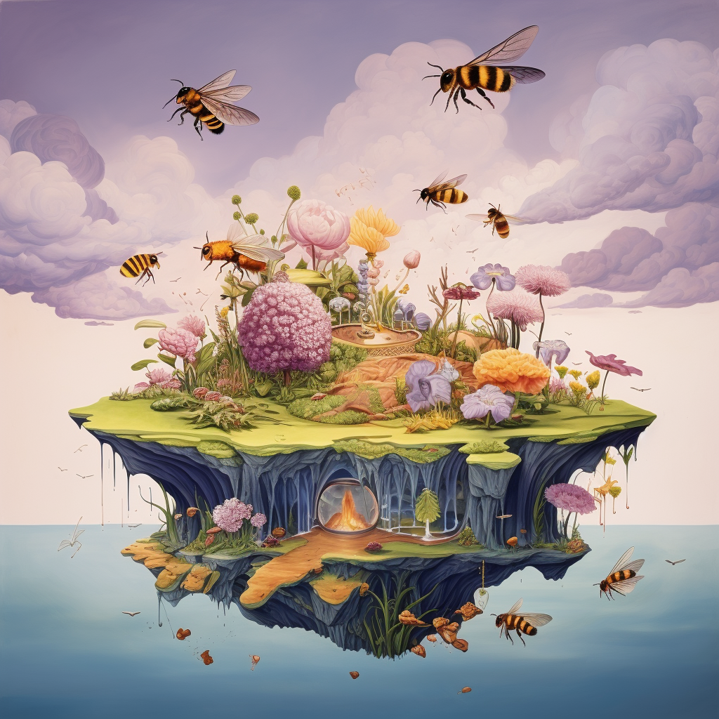 Surreal illustration of floating island with honey and bees