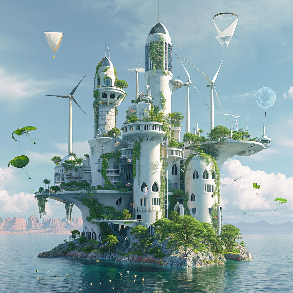 Floating Island with Kites and Wind Turbines