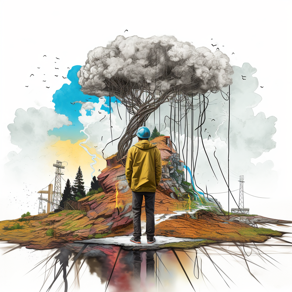 Man in raincoat looks at floating island