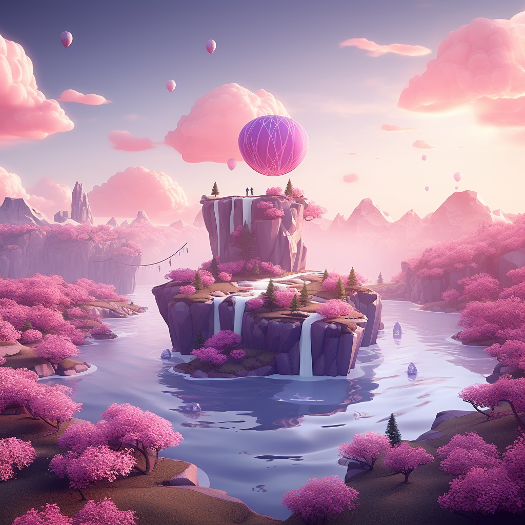 Serene floating island with purple grass, river, waterfall, and pink sky