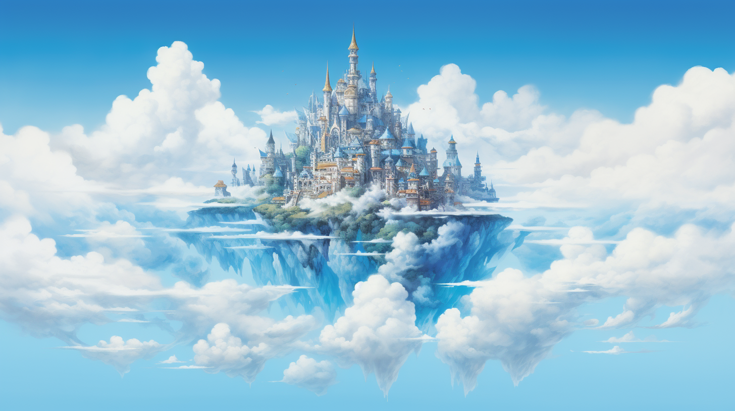 Serene floating land masses with castles and villages