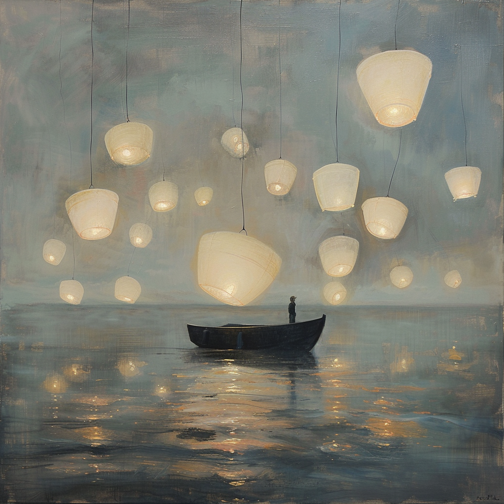 Lanterns floating in night sky