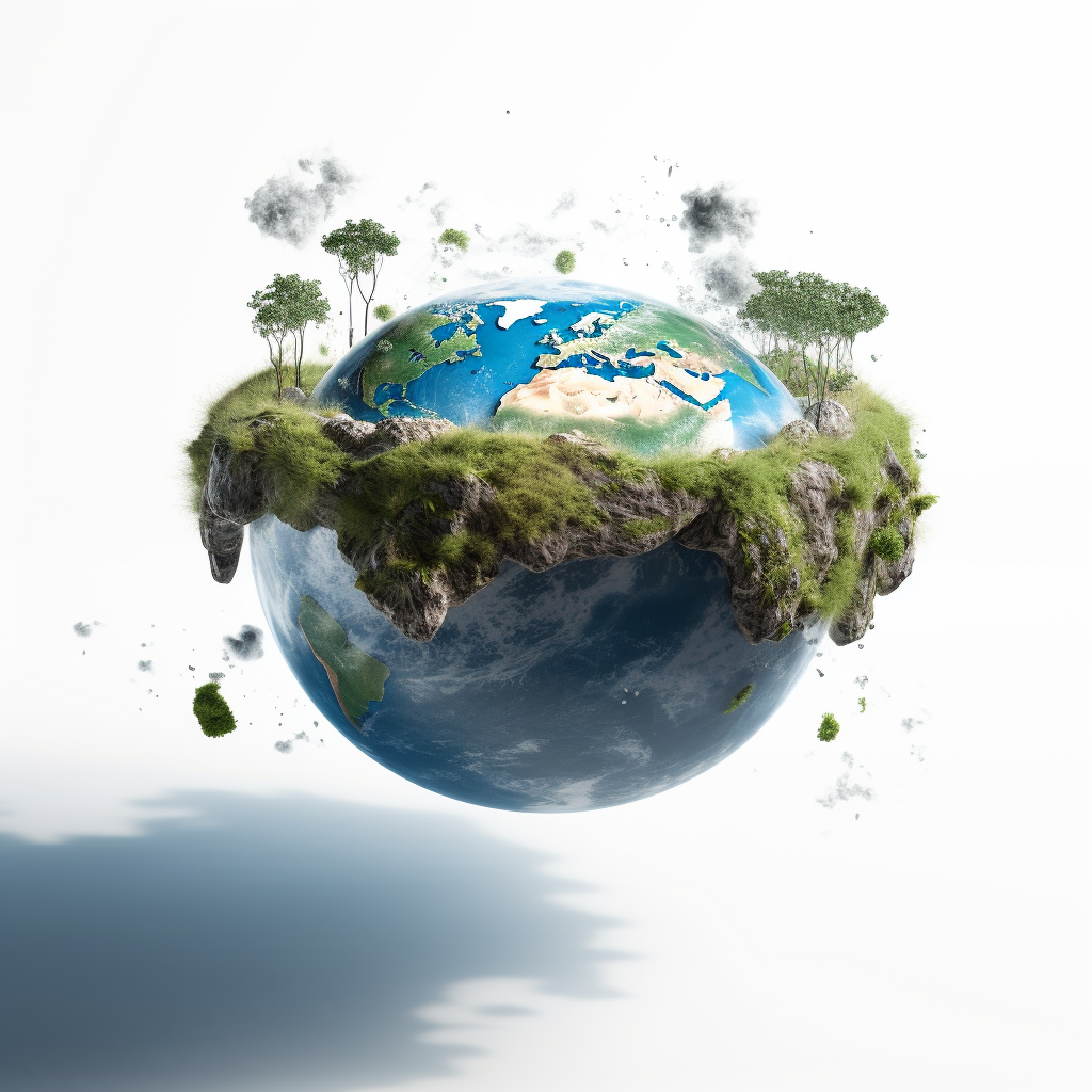 Floating miniature earth on white background with clouds