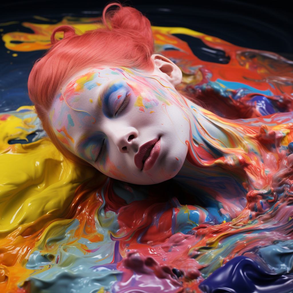 Hyperealistic floating model in colorful paint