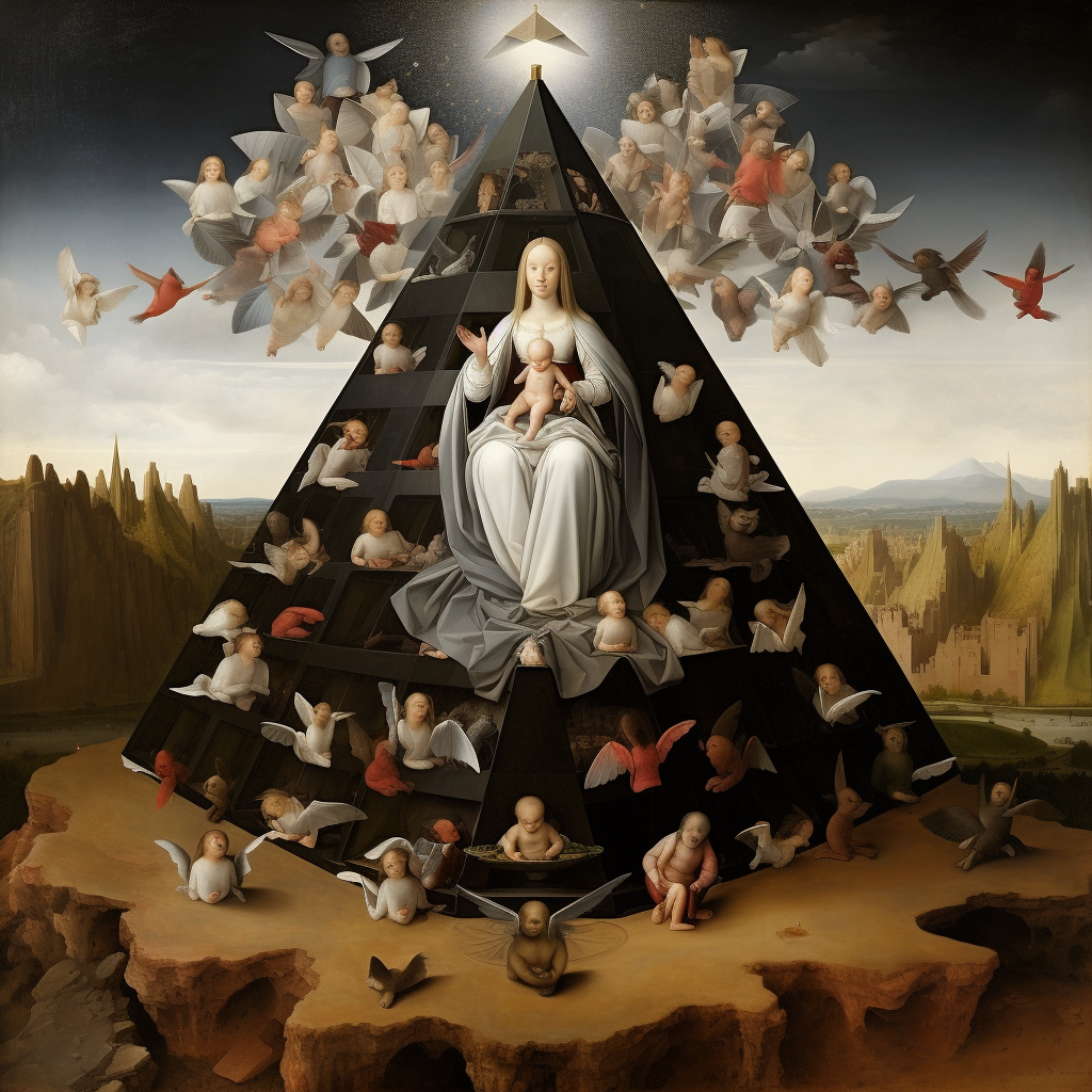 Pyramid floating with Madonna, Child, and Angels