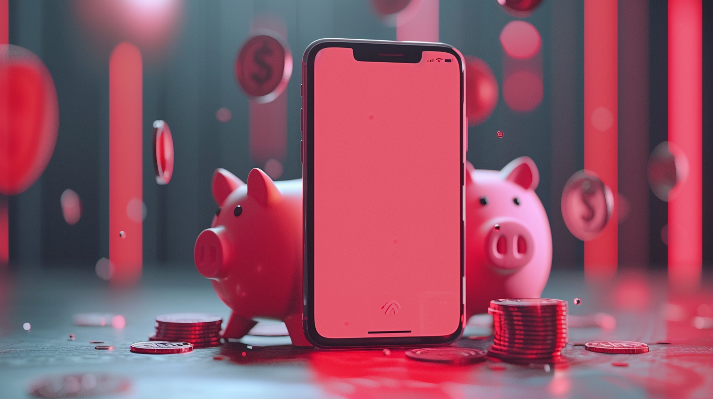 Floating red phone with piggy bank