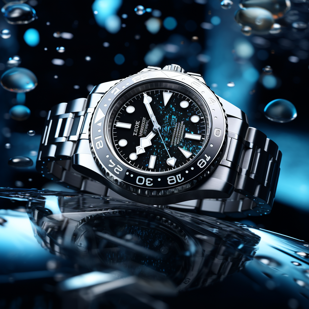 Translucent Rolex floating in air with reflective galaxy background