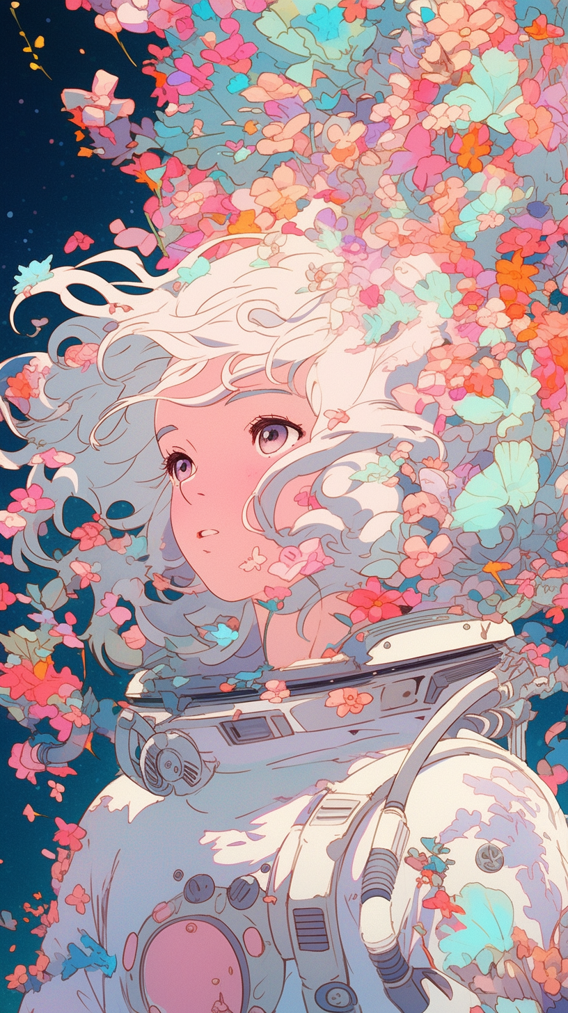 Stunning anime girl in floating space with flowers