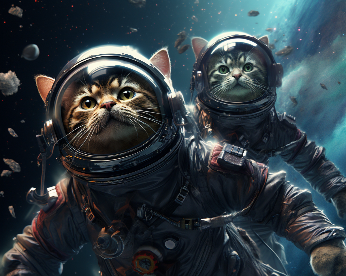 Tabby and Black Cats Floating in Space