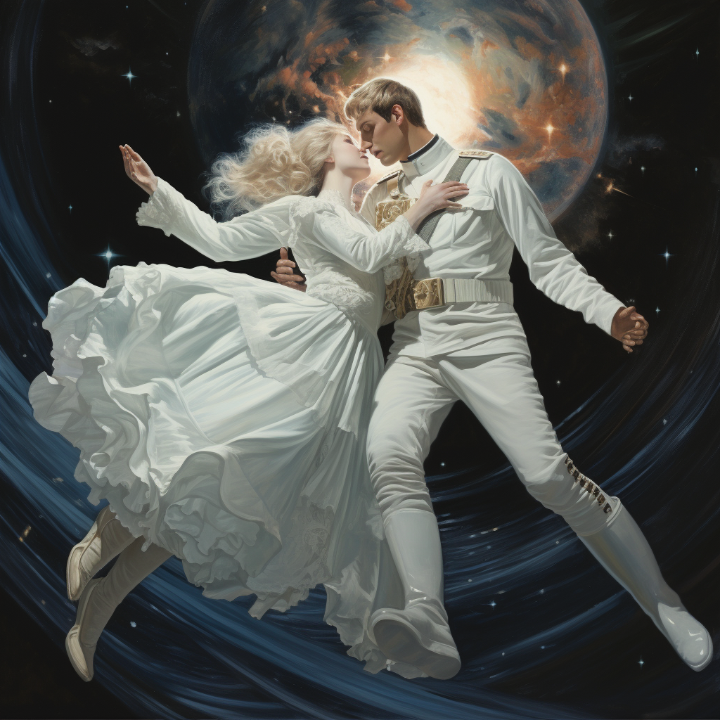 Man and woman floating in space