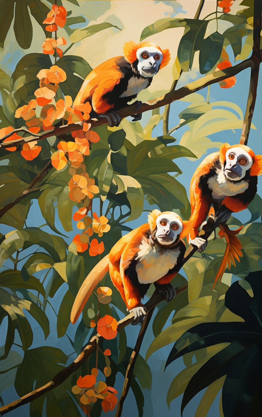 Playful squirrel monkeys floating gracefully with bold colors