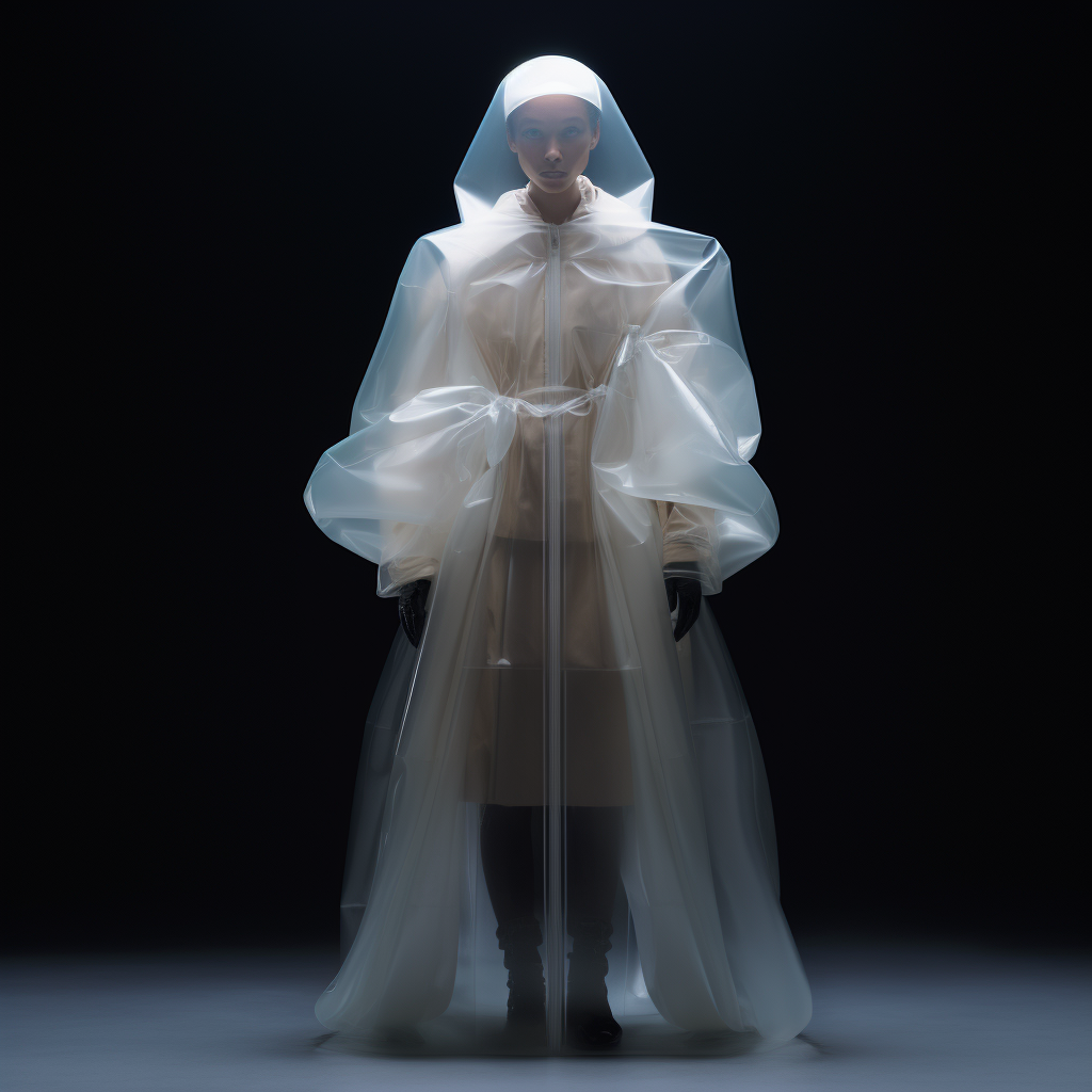 Fashionable floating translucent coat by Raf Simons and Rick Owens