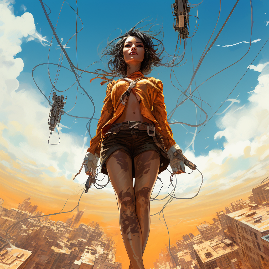 Female floating over dystopian desert with wires