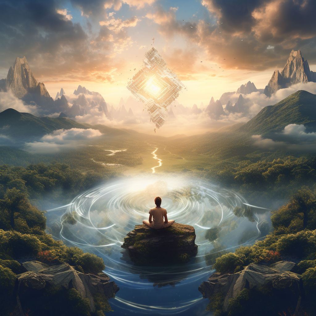 Tranquil yogi meditating in magical landscape