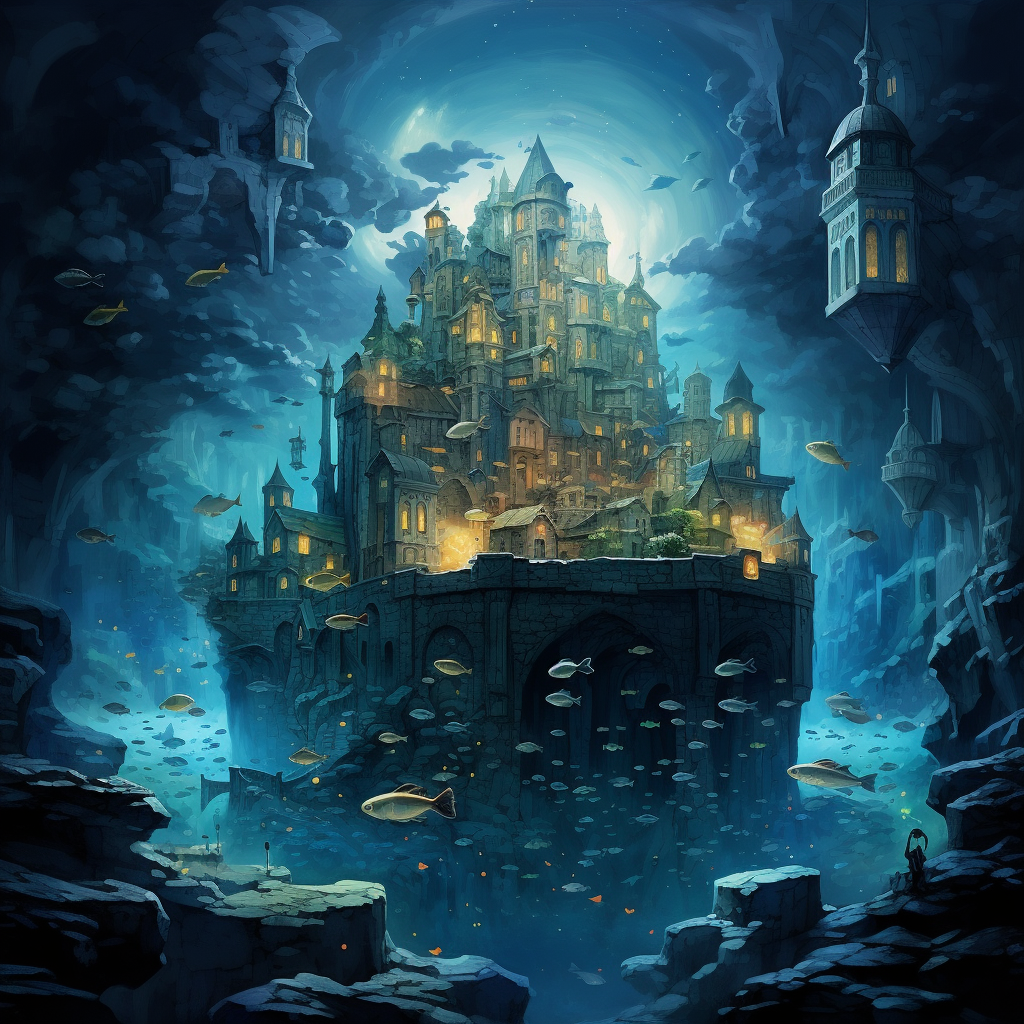 Stunning fantasy-style underwater landscape with fish