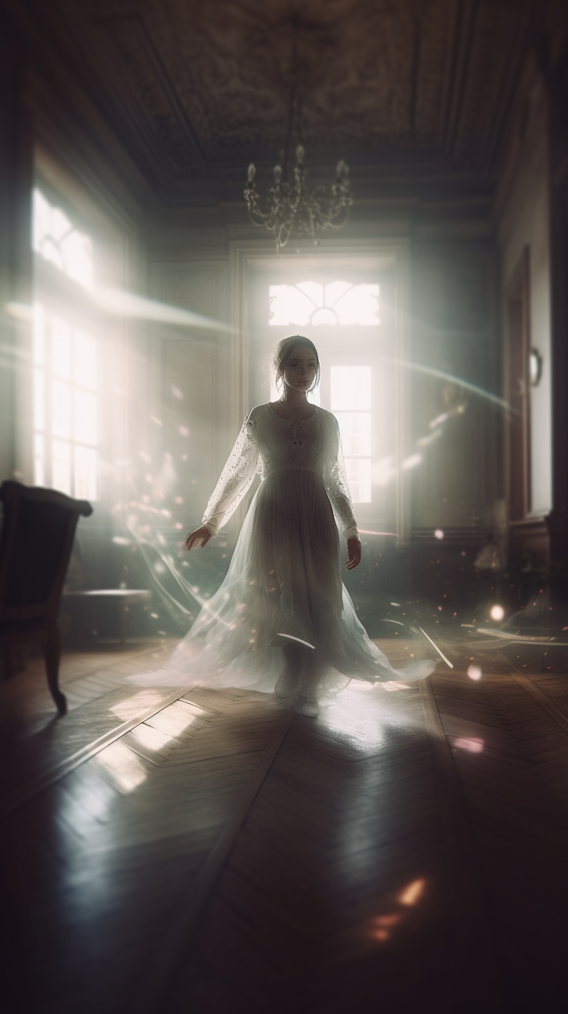 Translucent ghost of a young lady floating in a room