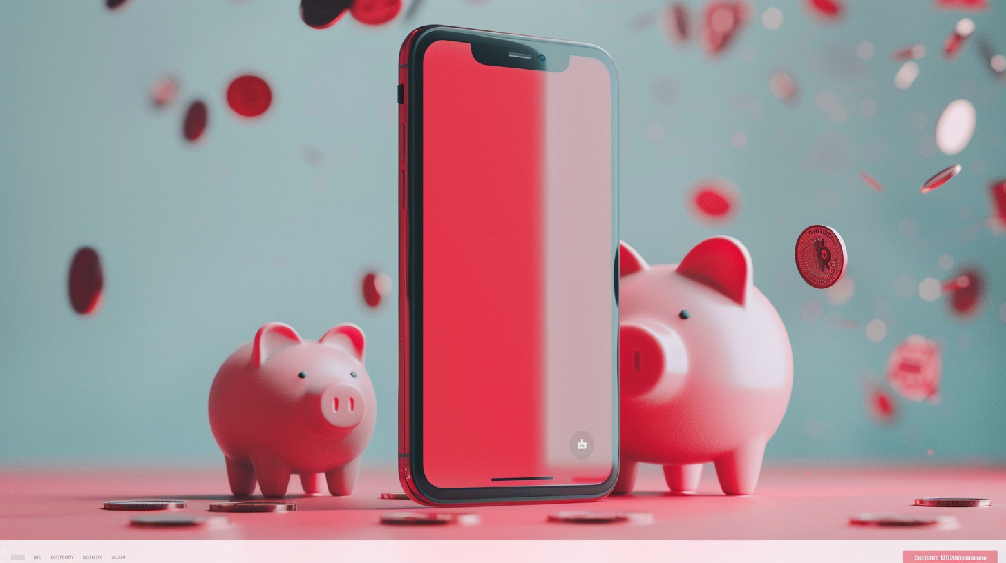 Red phone floating with piggy bank and coins