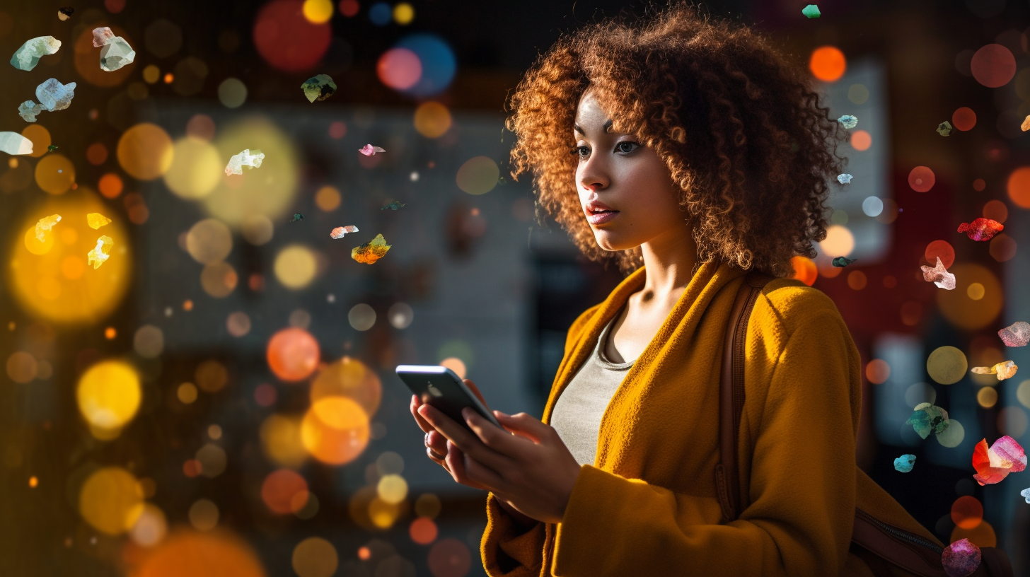 Young woman manipulating floating social media icons