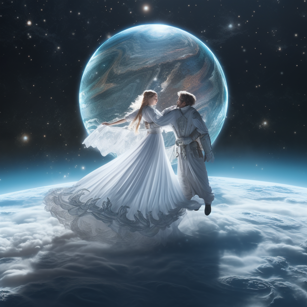 Man and woman floating in space with a glowing light ball