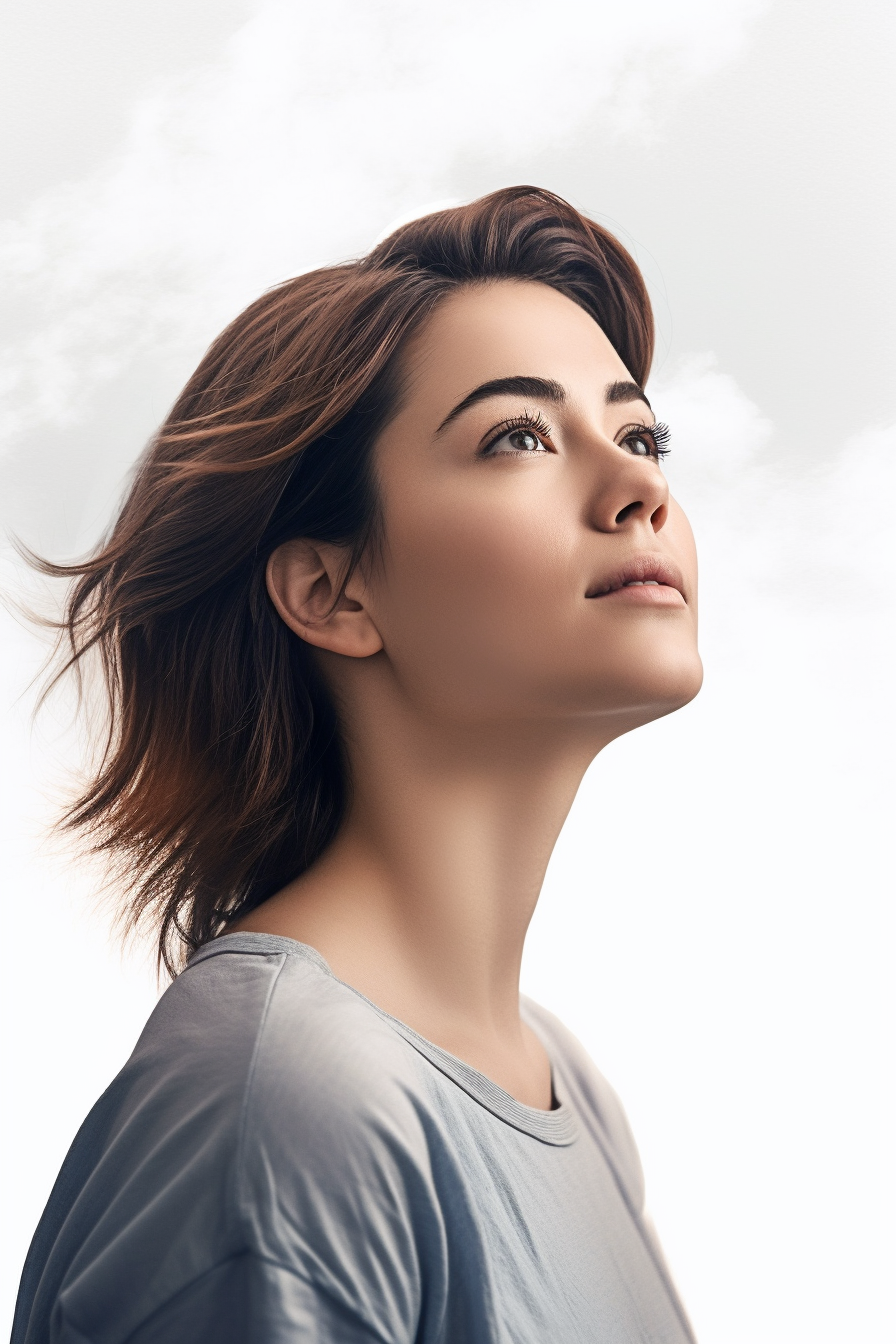 Realistic Woman Floating in Air, Gazing at the Sky