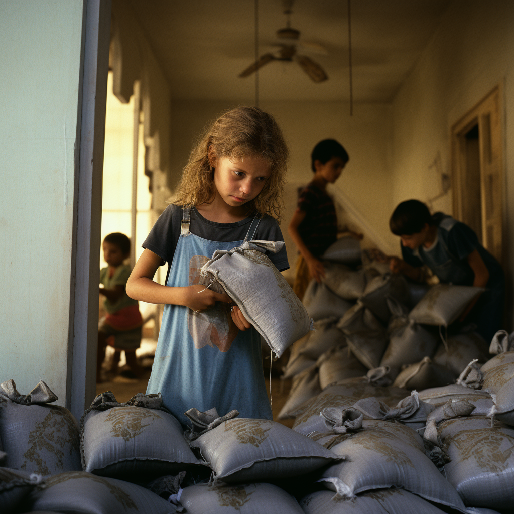 Blond Kids Using Sandbags for Flood Protection