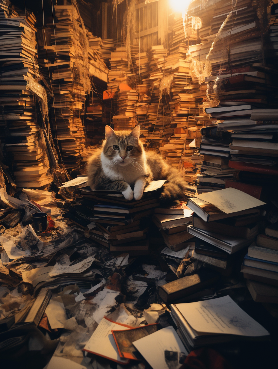 Person surrounded by books and cats