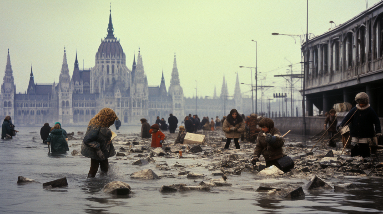 Flooded Budapest Quay during Winter