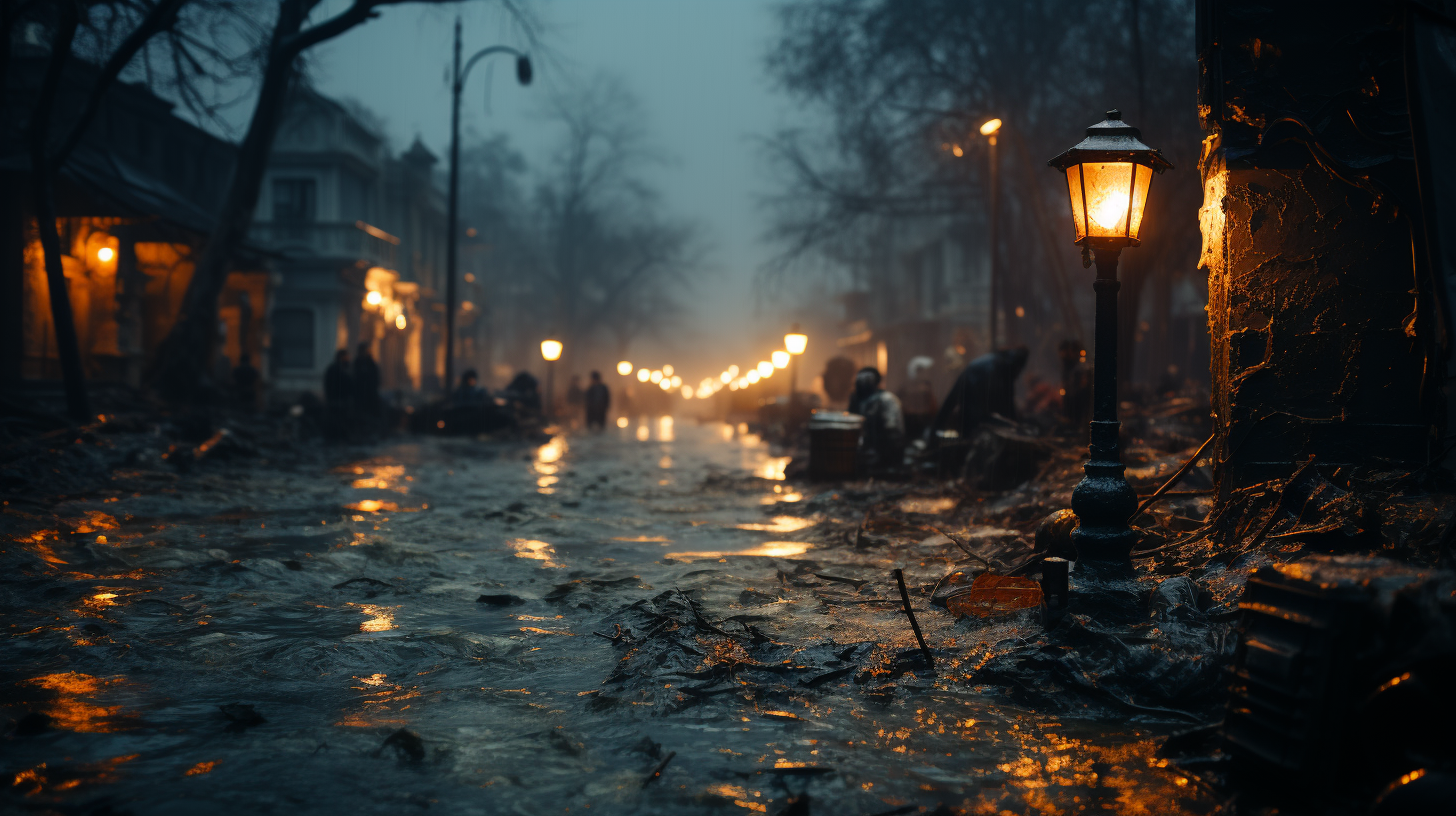 Image of a flooded city with destroyed houses and overturned cars