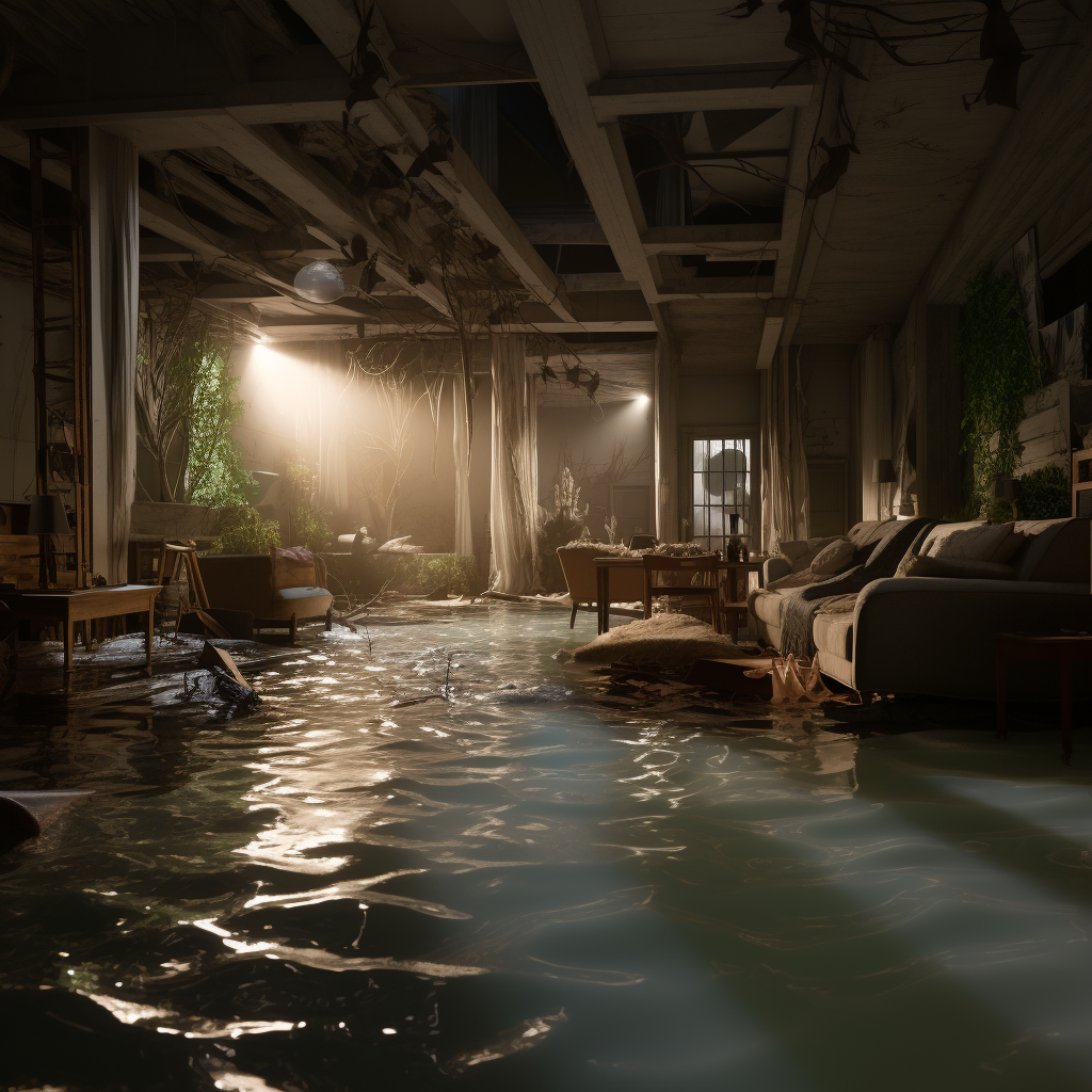 Flooded life-size house with artificial lighting