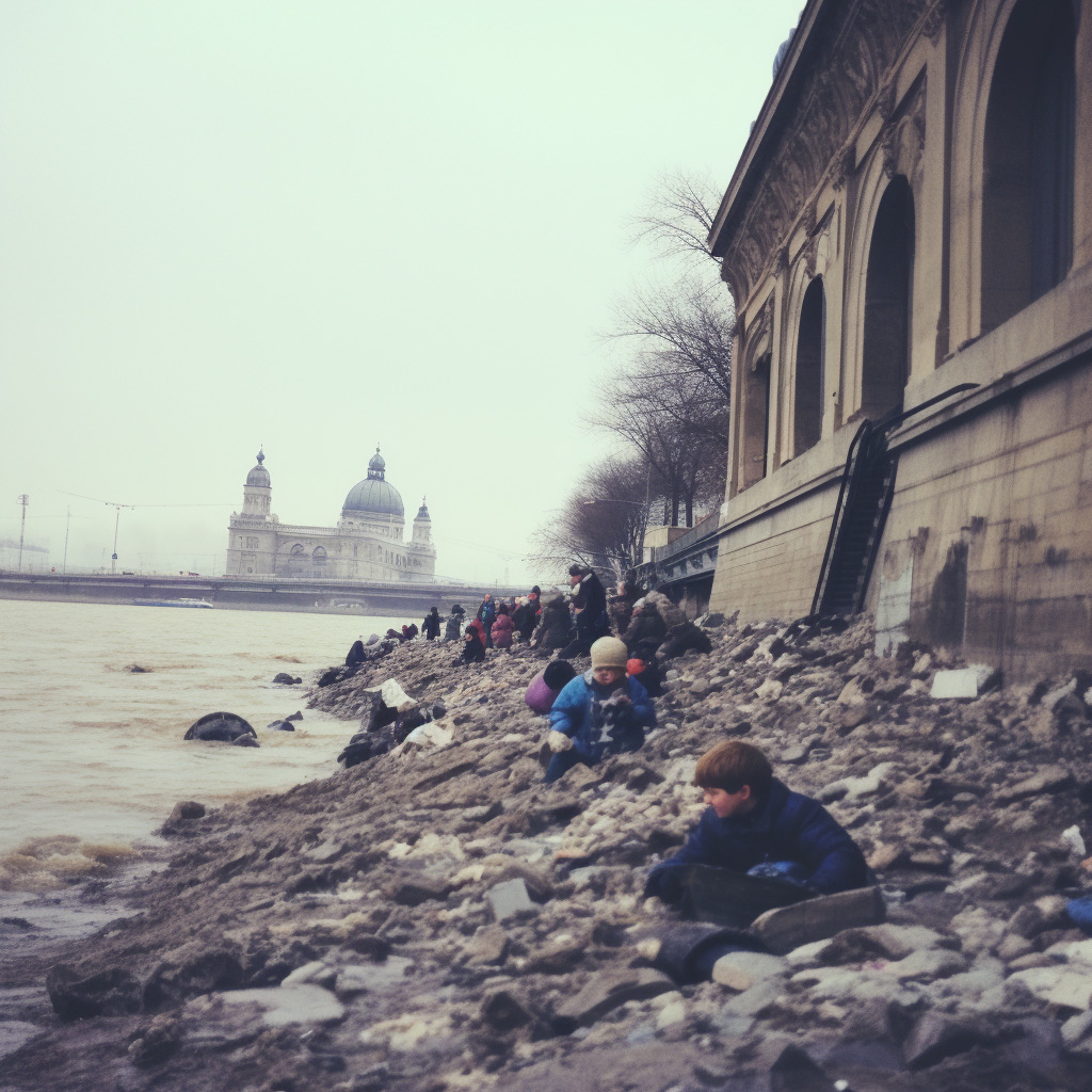 Flooded quay in Budapest Winter