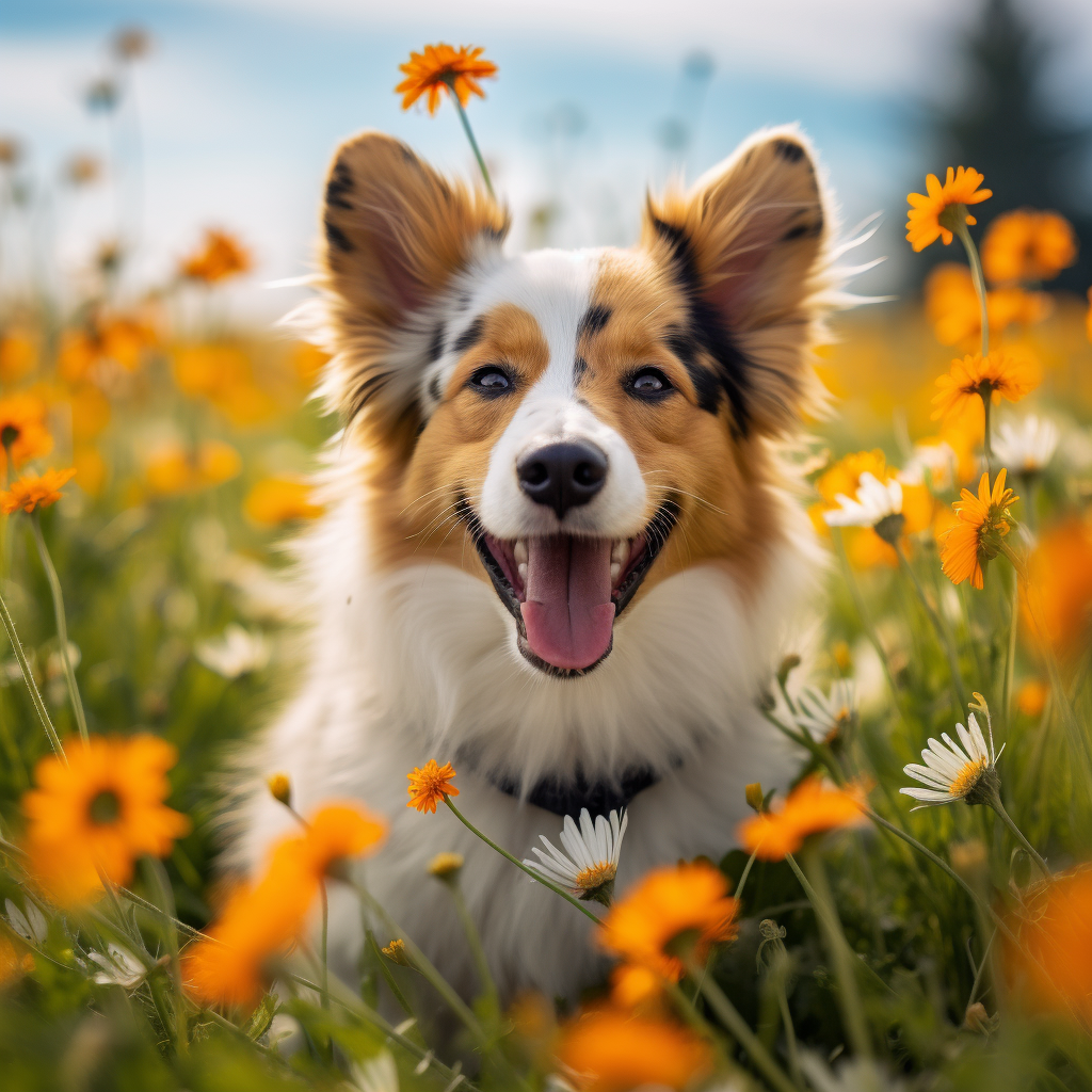 Adorable floppy ear corgi in dandelion-filled field